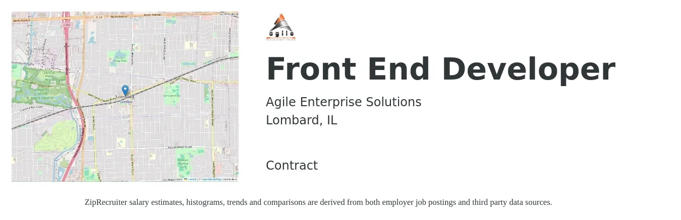 Agile Enterprise Solutions job posting for a Front End Developer in Lombard, IL with a salary of $102,300 to $119,100 Yearly with a map of Lombard location.