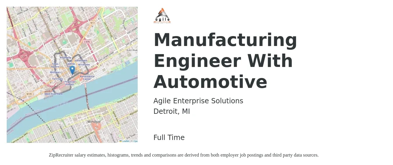 Agile Enterprise Solutions job posting for a Manufacturing Engineer With Automotive in Detroit, MI with a salary of $72,300 to $93,100 Yearly with a map of Detroit location.
