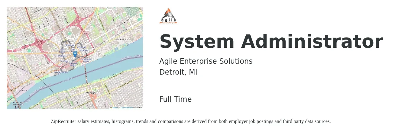 Agile Enterprise Solutions job posting for a System Administrator in Detroit, MI with a salary of $69,300 to $103,000 Yearly with a map of Detroit location.