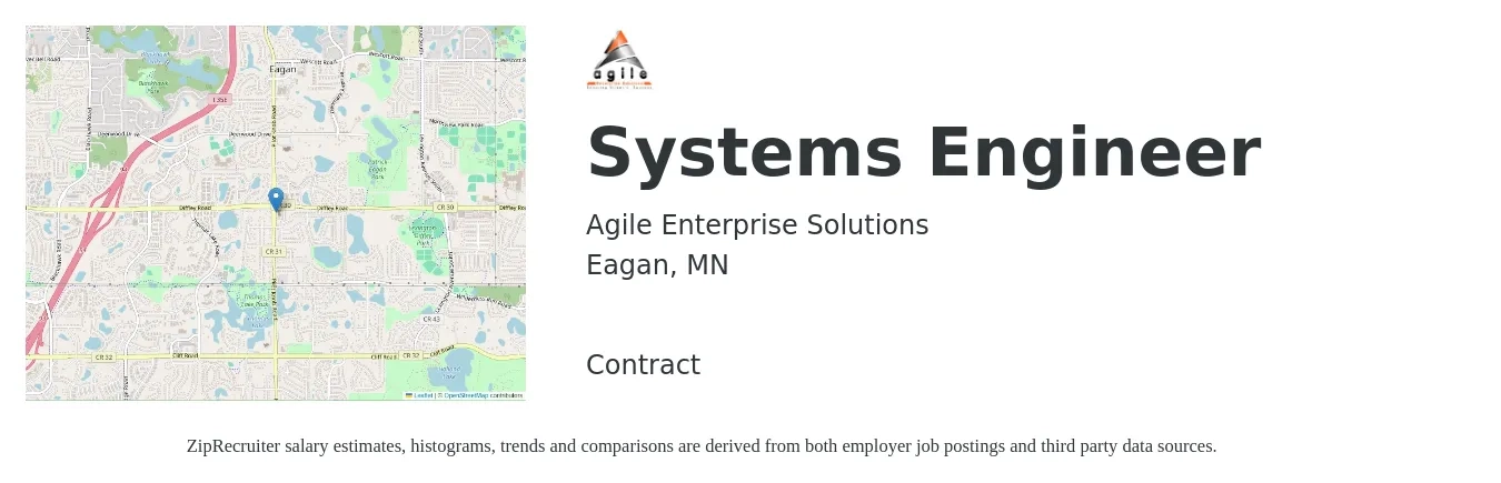 Agile Enterprise Solutions job posting for a Systems Engineer in Eagan, MN with a salary of $99,900 to $160,100 Yearly with a map of Eagan location.