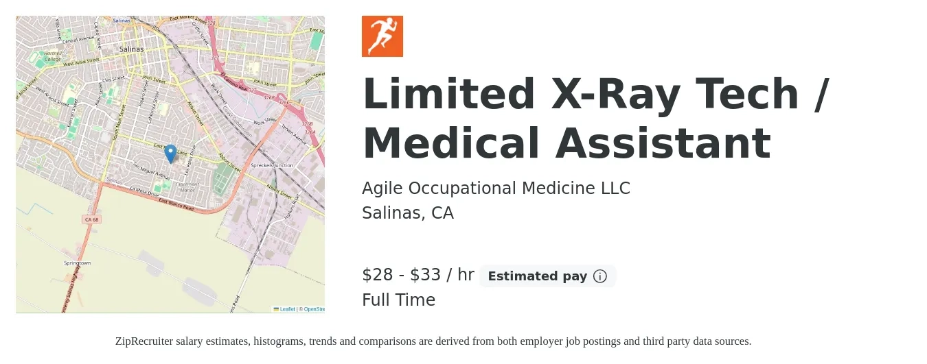 Agile Occupational Medicine LLC job posting for a Limited X-Ray Tech / Medical Assistant in Salinas, CA with a salary of $30 to $35 Hourly with a map of Salinas location.