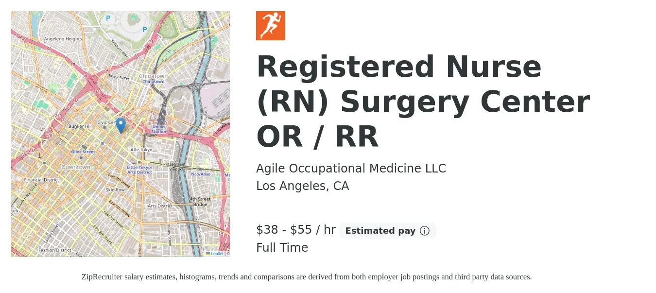 Agile Occupational Medicine LLC job posting for a Registered Nurse (RN) Surgery Center OR / RR in Los Angeles, CA with a salary of $40 to $58 Hourly with a map of Los Angeles location.
