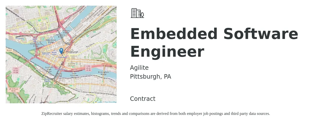 Agilite job posting for a Embedded Software Engineer in Pittsburgh, PA with a salary of $127,700 to $168,000 Yearly with a map of Pittsburgh location.