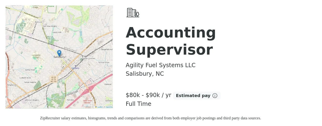Agility Fuel Systems LLC job posting for a Accounting Supervisor in Salisbury, NC with a salary of $80,000 to $90,000 Yearly with a map of Salisbury location.