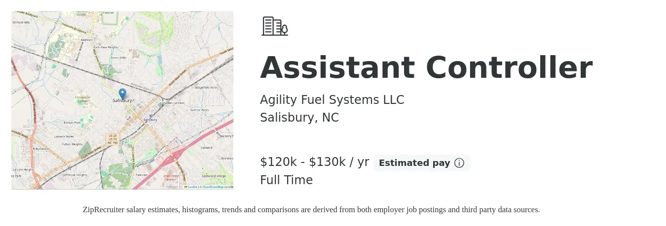 Agility Fuel Systems LLC job posting for a Assistant Controller in Salisbury, NC with a salary of $120,000 to $130,000 Yearly with a map of Salisbury location.