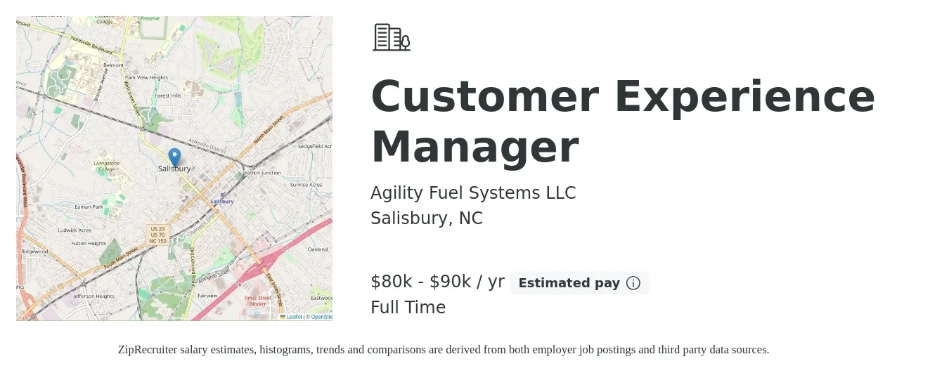 Agility Fuel Systems LLC job posting for a Customer Experience Manager in Salisbury, NC with a salary of $80,000 to $90,000 Yearly with a map of Salisbury location.