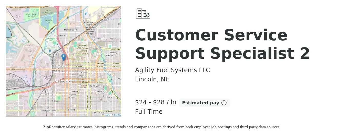 Agility Fuel Systems LLC job posting for a Customer Service Support Specialist 2 in Lincoln, NE with a salary of $25 to $30 Hourly with a map of Lincoln location.