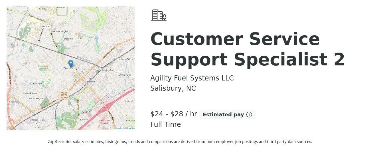 Agility Fuel Systems LLC job posting for a Customer Service Support Specialist 2 in Salisbury, NC with a salary of $25 to $30 Hourly with a map of Salisbury location.