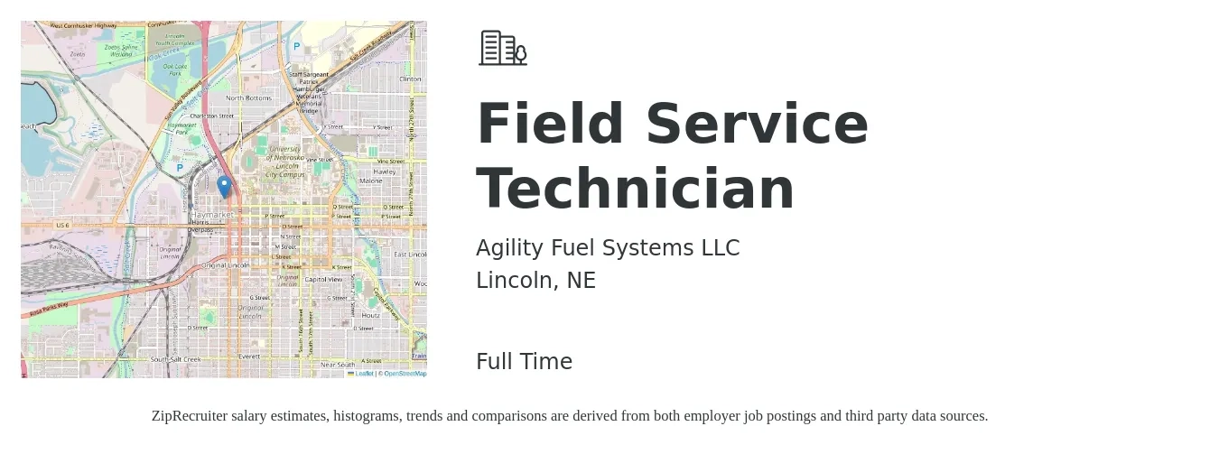Agility Fuel Systems LLC job posting for a Field Service Technician in Lincoln, NE with a salary of $18 to $26 Hourly with a map of Lincoln location.