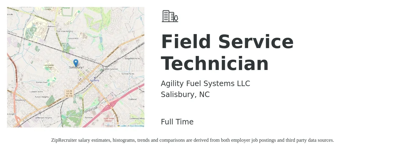 Agility Fuel Systems LLC job posting for a Field Service Technician in Salisbury, NC with a salary of $18 to $27 Hourly with a map of Salisbury location.