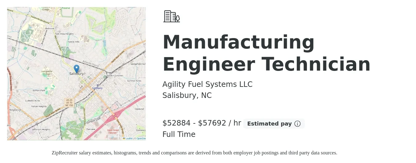 Agility Fuel Systems LLC job posting for a Manufacturing Engineer Technician in Salisbury, NC with a salary of $55,000 to $60,000 Hourly with a map of Salisbury location.