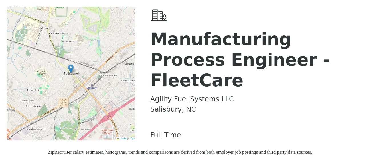 Agility Fuel Systems LLC job posting for a Manufacturing Process Engineer - FleetCare in Salisbury, NC with a salary of $66,400 to $88,600 Yearly with a map of Salisbury location.