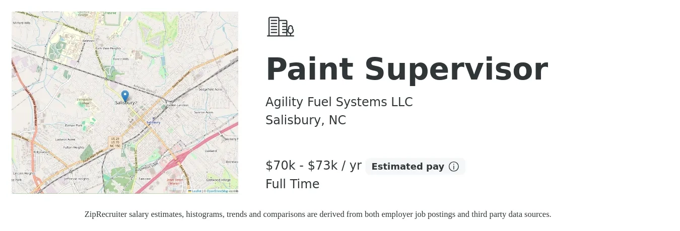 Agility Fuel Systems LLC job posting for a Paint Supervisor in Salisbury, NC with a salary of $70,000 to $73,000 Yearly with a map of Salisbury location.
