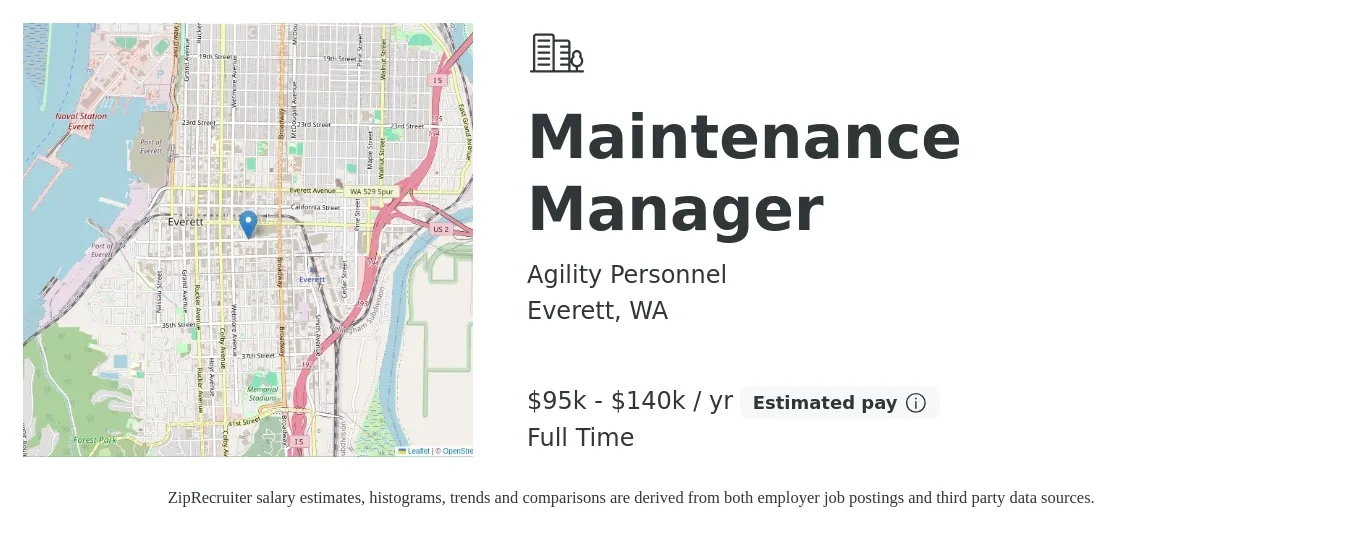 Agility Personnel job posting for a Maintenance Manager in Everett, WA with a salary of $95,000 to $140,000 Yearly with a map of Everett location.