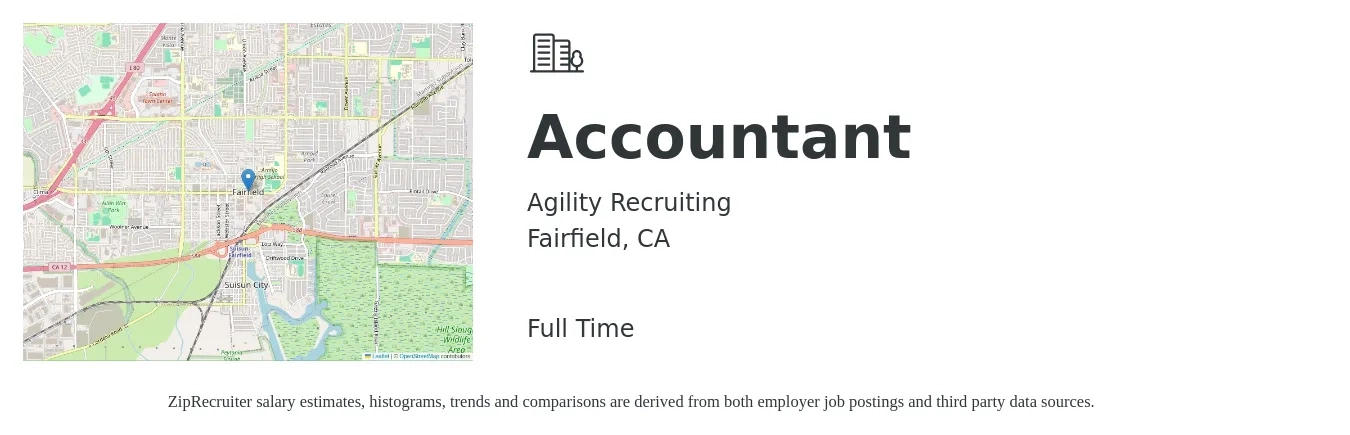 Agility Recruiting job posting for a Accountant in Fairfield, CA with a salary of $54,900 to $80,600 Yearly with a map of Fairfield location.
