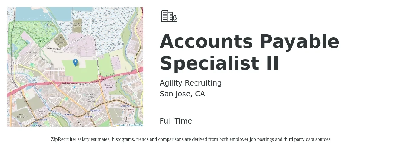 Agility Recruiting job posting for a Accounts Payable Specialist II in San Jose, CA with a salary of $24 to $31 Hourly with a map of San Jose location.