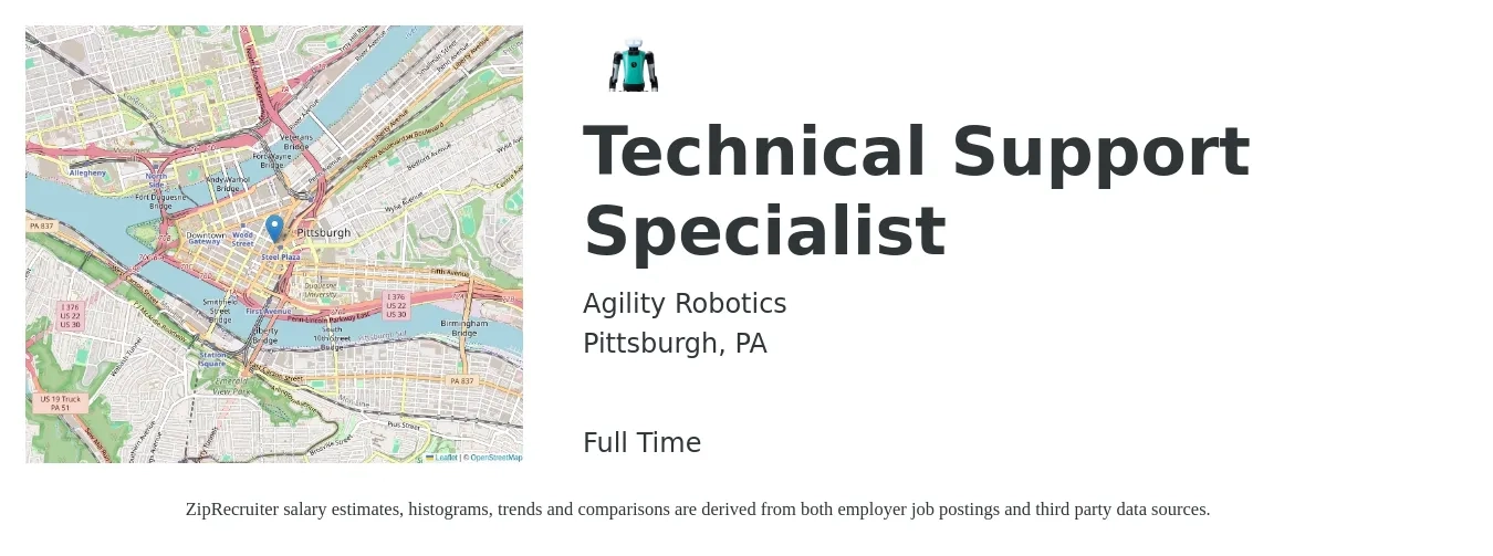 Agility Robotics job posting for a Technical Support Specialist in Pittsburgh, PA with a salary of $20 to $31 Hourly with a map of Pittsburgh location.
