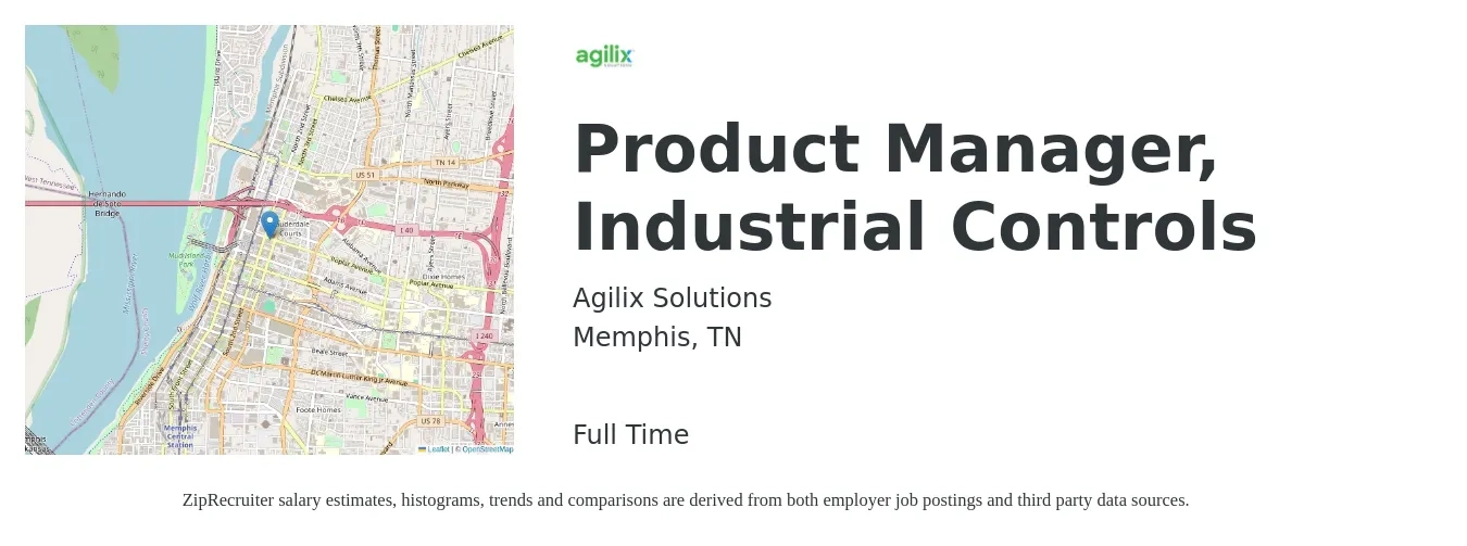 Agilix Solutions job posting for a Product Manager, Industrial Controls in Memphis, TN with a salary of $122,900 to $171,700 Yearly with a map of Memphis location.