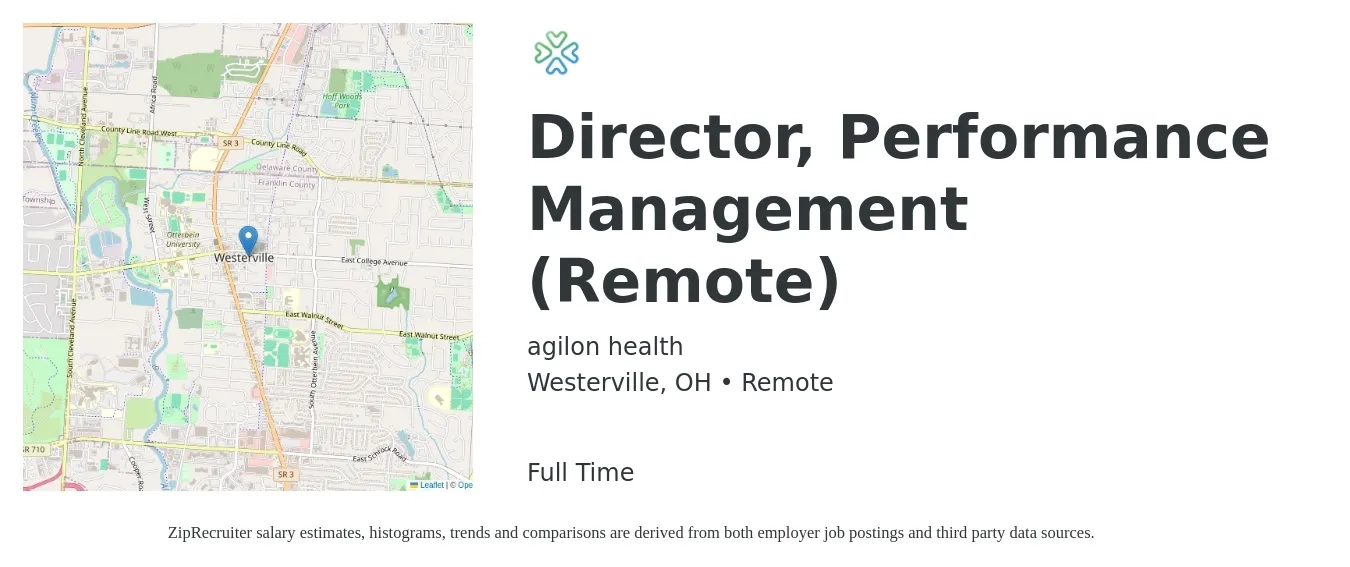 agilon health job posting for a Director, Performance Management (Remote) in Westerville, OH with a salary of $90,100 to $142,200 Yearly with a map of Westerville location.
