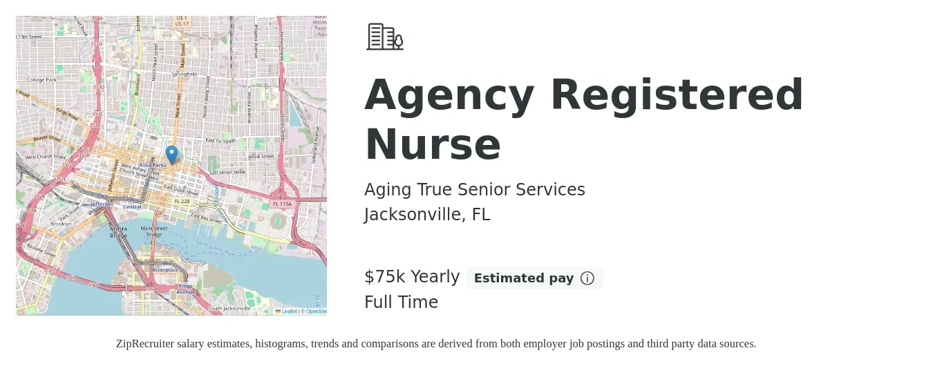 Aging True Senior Services job posting for a Agency Registered Nurse in Jacksonville, FL with a salary of $75,000 Yearly with a map of Jacksonville location.