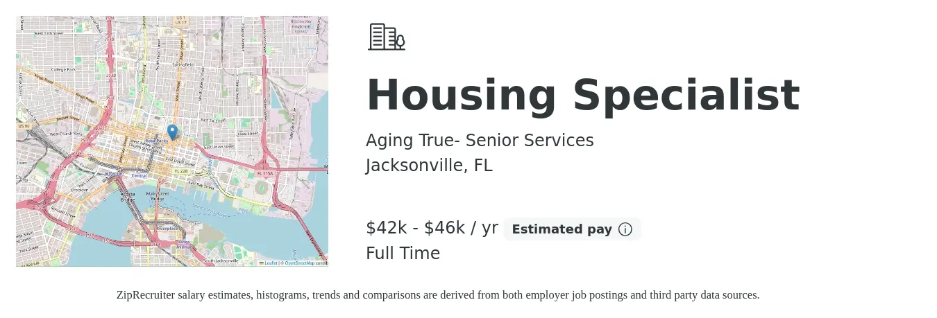 Aging True Senior Services job posting for a Housing Specialist in Jacksonville, FL with a salary of $42,000 to $46,000 Yearly with a map of Jacksonville location.
