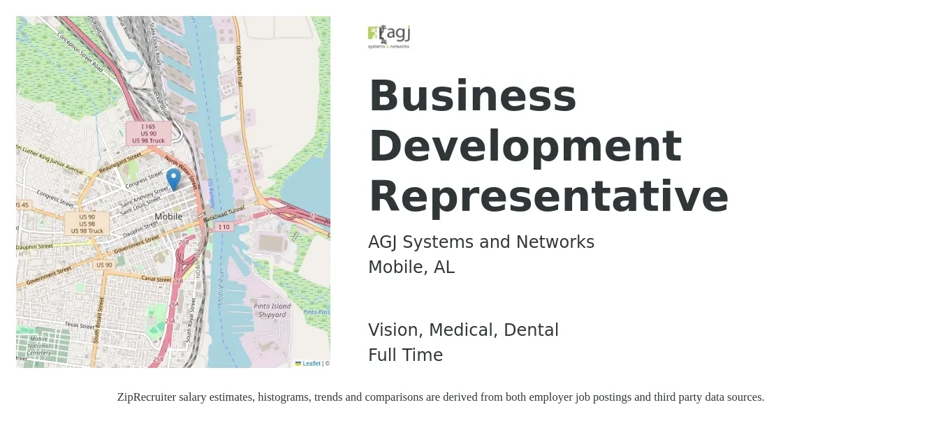 AGJ Systems and Networks job posting for a Business Development Representative in Mobile, AL with a salary of $44,700 to $69,500 Yearly and benefits including medical, vision, 401k, dental, and life_insurance with a map of Mobile location.