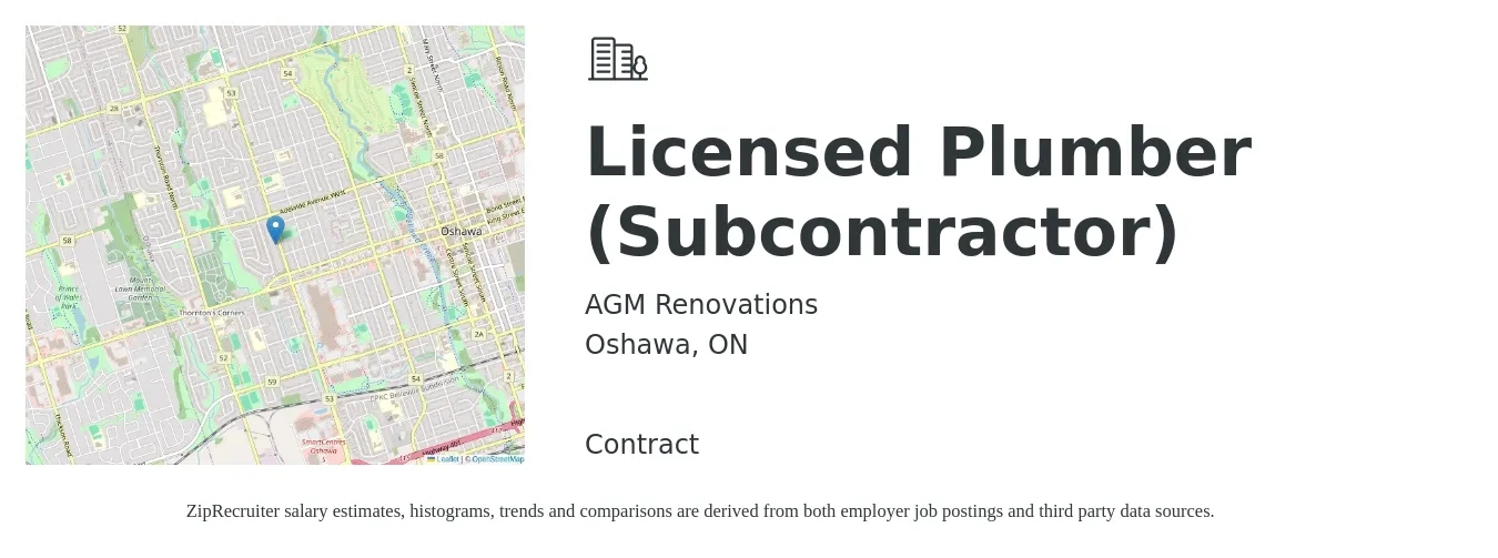 AGM Renovations job posting for a Licensed Plumber (Subcontractor) in Oshawa, ON with a map of Oshawa location.