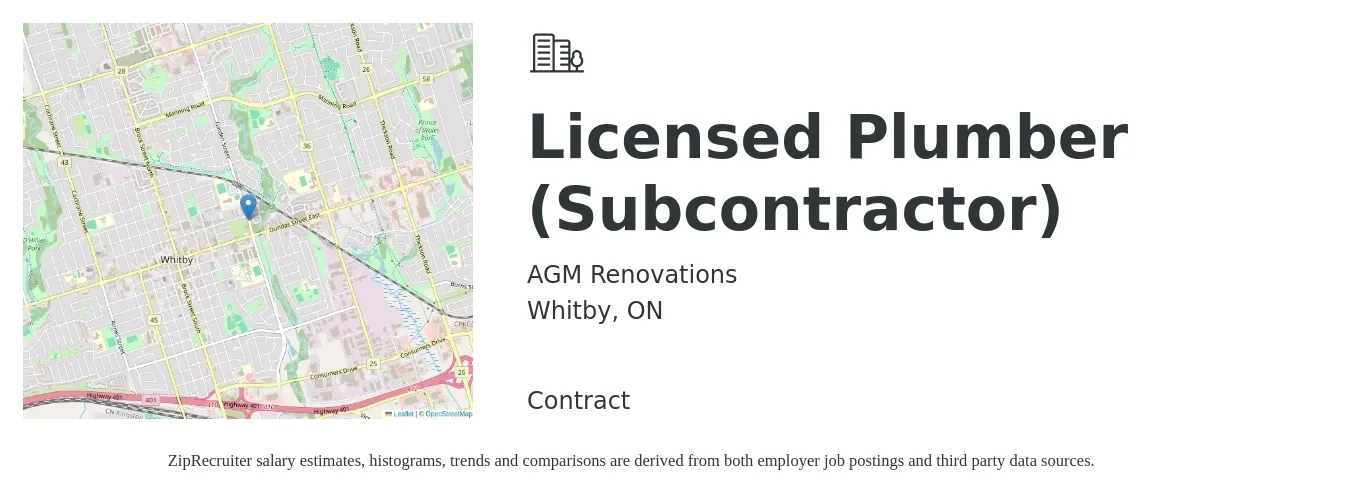 AGM Renovations job posting for a Licensed Plumber (Subcontractor) in Whitby, ON with a map of Whitby location.