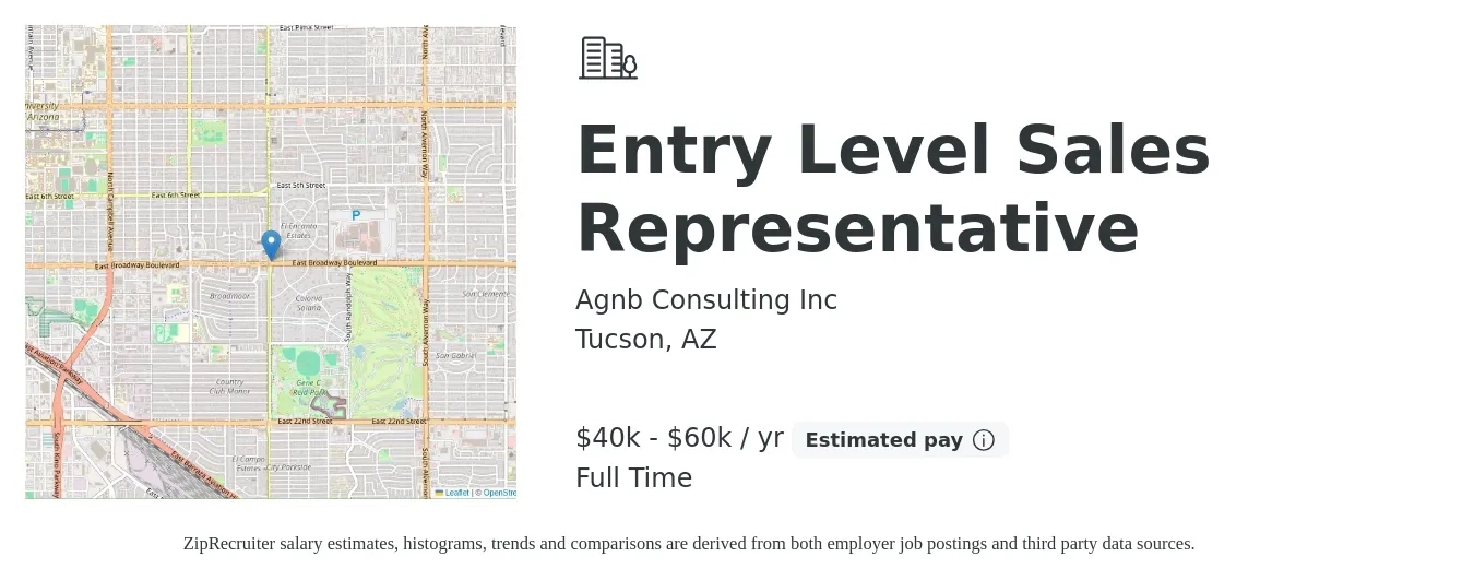 Agnb Consulting Inc job posting for a Entry Level Sales Representative in Tucson, AZ with a salary of $3,500 to $5,500 Monthly with a map of Tucson location.