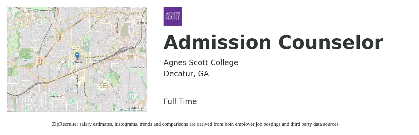 Agnes Scott College job posting for a Admission Counselor in Decatur, GA with a salary of $37,600 to $50,800 Yearly with a map of Decatur location.