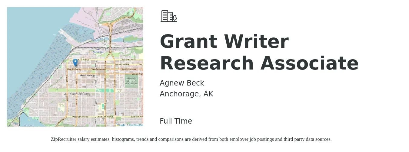 Agnew Beck job posting for a Grant Writer Research Associate in Anchorage, AK with a salary of $55,000 to $85,000 Yearly with a map of Anchorage location.