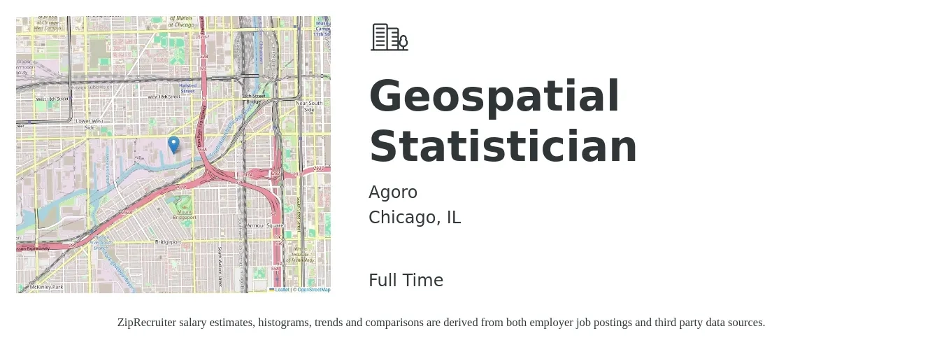 Agoro job posting for a Geospatial Statistician in Chicago, IL with a salary of $59,200 to $119,500 Yearly with a map of Chicago location.