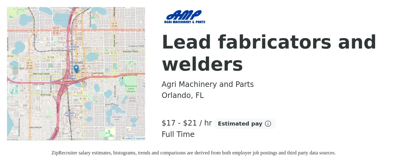Agri Machinery and Parts job posting for a Lead fabricators and welders in Orlando, FL with a salary of $18 to $22 Hourly and benefits including pto with a map of Orlando location.