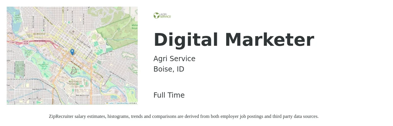 Agri Service job posting for a Digital Marketer in Boise, ID with a salary of $52,300 to $77,600 Yearly with a map of Boise location.