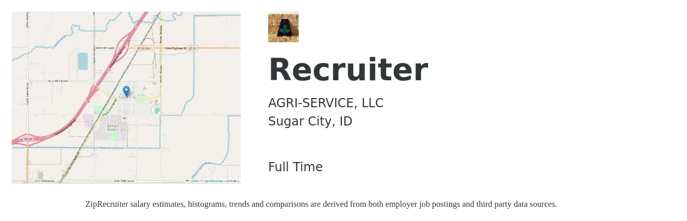 AGRI-SERVICE, LLC job posting for a Recruiter in Sugar City, ID with a salary of $18 to $28 Hourly with a map of Sugar City location.
