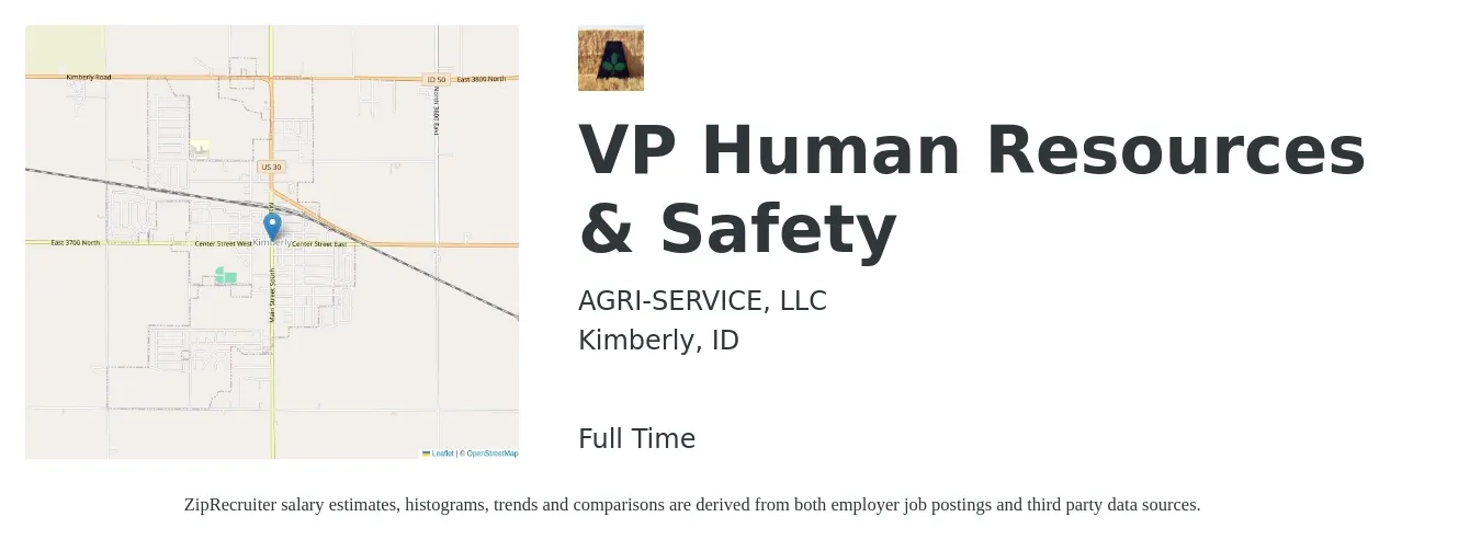AGRI-SERVICE, LLC job posting for a VP Human Resources & Safety in Kimberly, ID with a salary of $115,100 to $175,000 Yearly with a map of Kimberly location.
