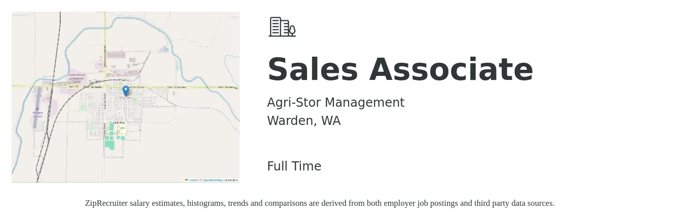 Agri-Stor Management job posting for a Sales Associate in Warden, WA with a salary of $55,000 to $85,000 Yearly with a map of Warden location.