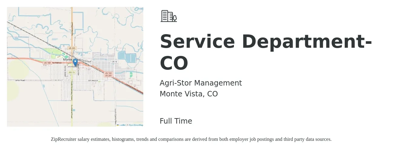 Agri-Stor Management job posting for a Service Department-CO in Monte Vista, CO with a salary of $52,900 to $77,500 Yearly with a map of Monte Vista location.