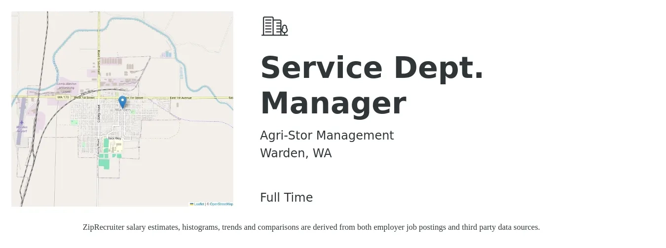 Agri-Stor Management job posting for a Service Dept. Manager in Warden, WA with a salary of $55,000 to $65,000 Yearly with a map of Warden location.