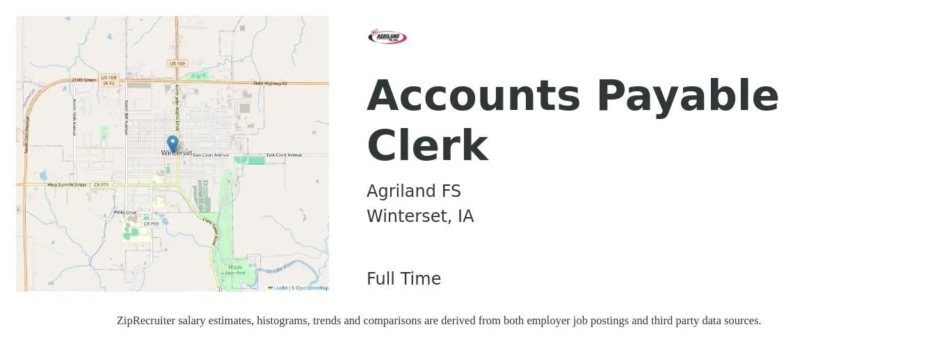Agriland FS job posting for a Accounts Payable Clerk in Winterset, IA with a salary of $18 to $23 Hourly with a map of Winterset location.