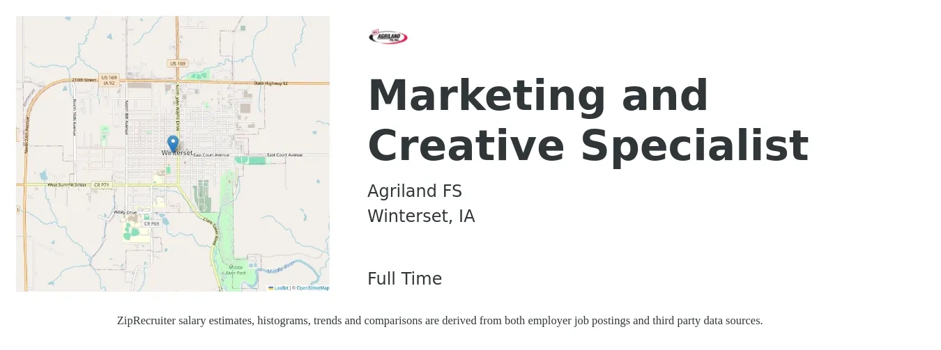 Agriland FS job posting for a Marketing and Creative Specialist in Winterset, IA with a salary of $45,800 to $67,500 Yearly with a map of Winterset location.