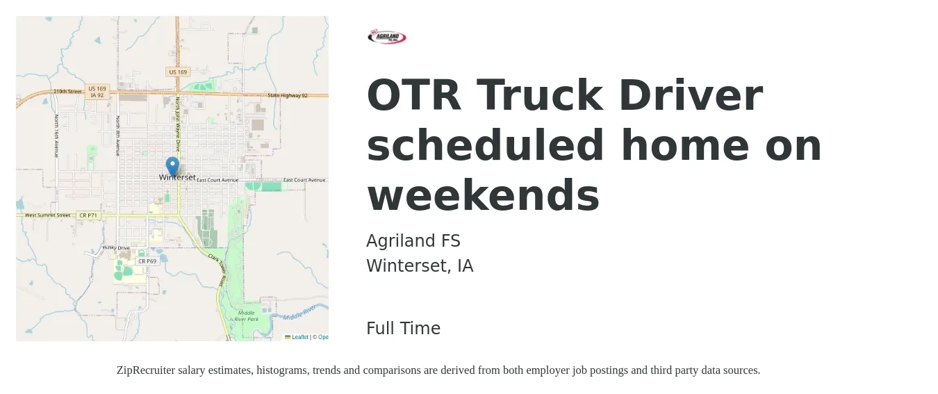 Agriland FS job posting for a OTR Truck Driver scheduled home on weekends in Winterset, IA with a salary of $1,330 to $1,740 Weekly with a map of Winterset location.