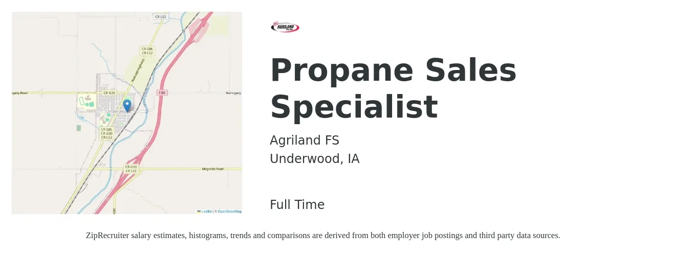 Agriland FS job posting for a Propane Sales Specialist in Underwood, IA with a salary of $43,100 to $71,600 Yearly with a map of Underwood location.