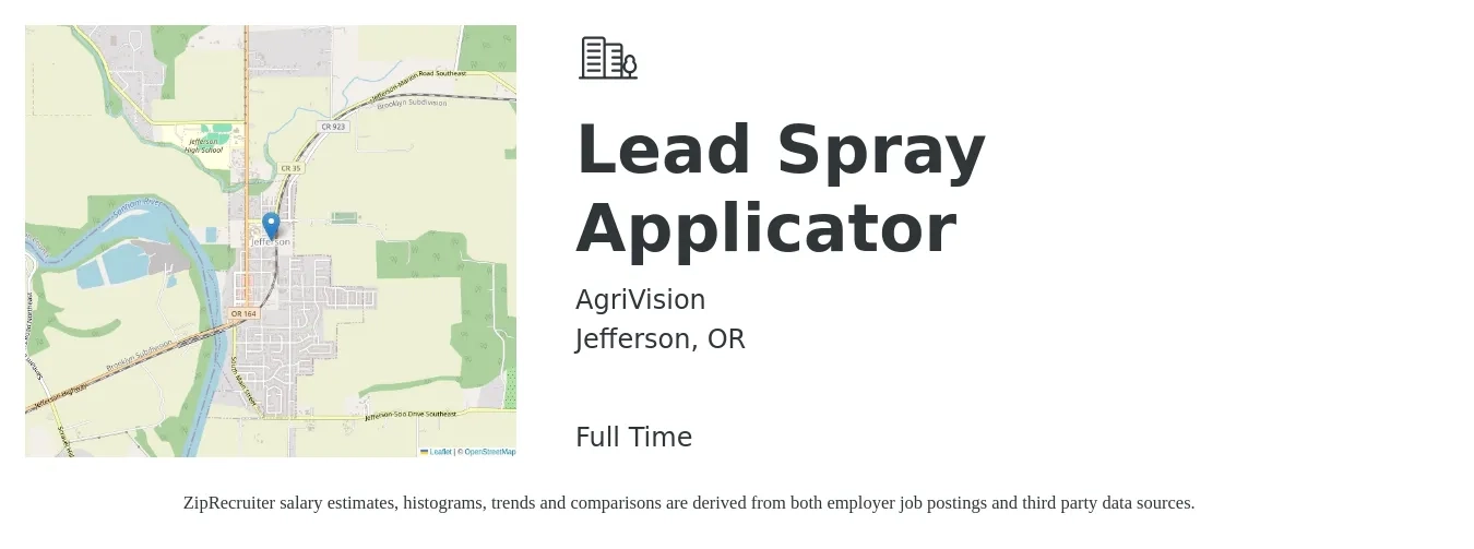 AgriVision job posting for a Lead Spray Applicator in Jefferson, OR with a salary of $18 to $24 Hourly with a map of Jefferson location.