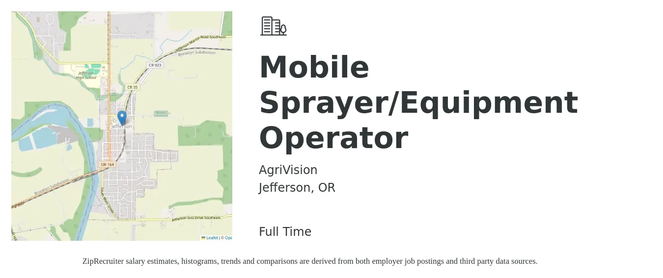 AgriVision job posting for a Mobile Sprayer/Equipment Operator in Jefferson, OR with a salary of $16 to $24 Hourly with a map of Jefferson location.