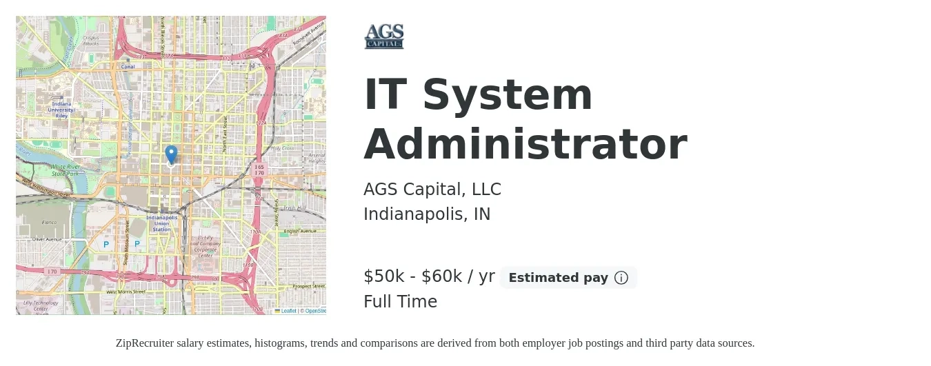 AGS Capital, LLC job posting for a IT System Administrator in Indianapolis, IN with a salary of $50,000 to $60,000 Yearly with a map of Indianapolis location.
