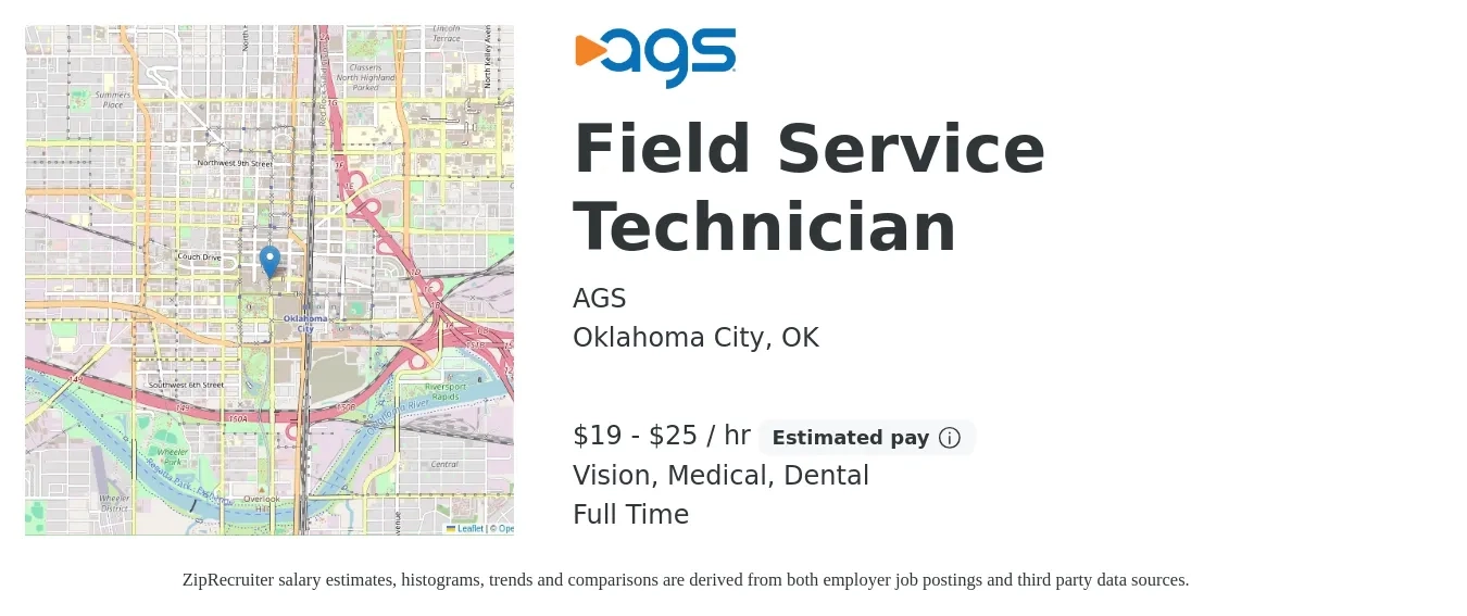 AGS job posting for a Field Service Technician in Oklahoma City, OK with a salary of $20 to $27 Hourly and benefits including pto, retirement, vision, dental, life_insurance, and medical with a map of Oklahoma City location.