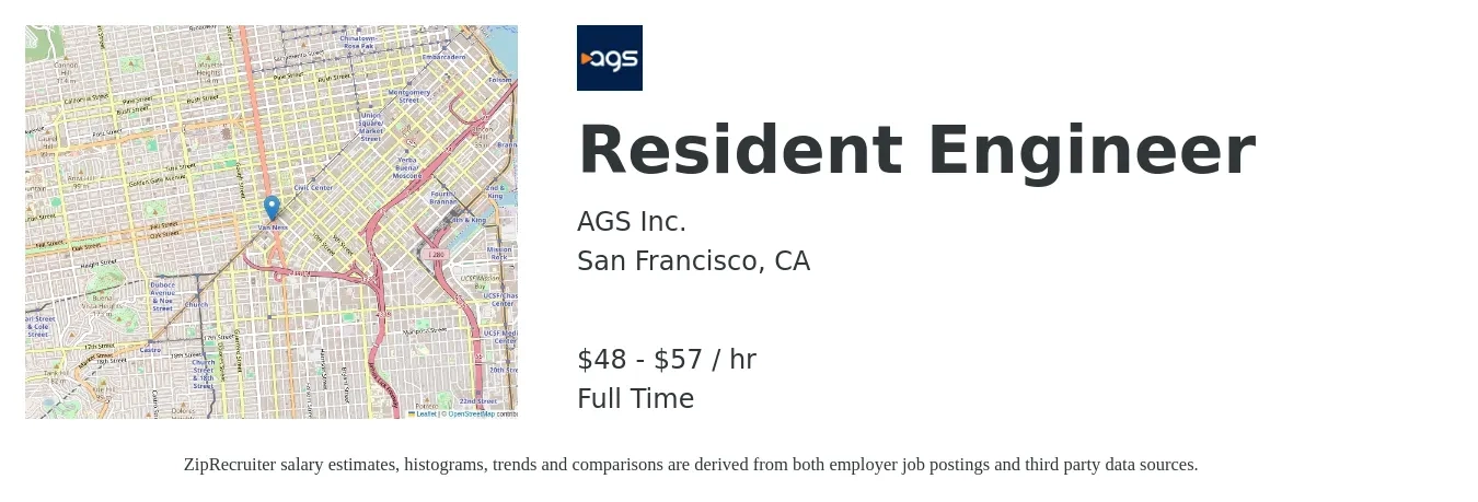 AGS Inc. job posting for a Resident Engineer in San Francisco, CA with a salary of $50 to $60 Hourly with a map of San Francisco location.