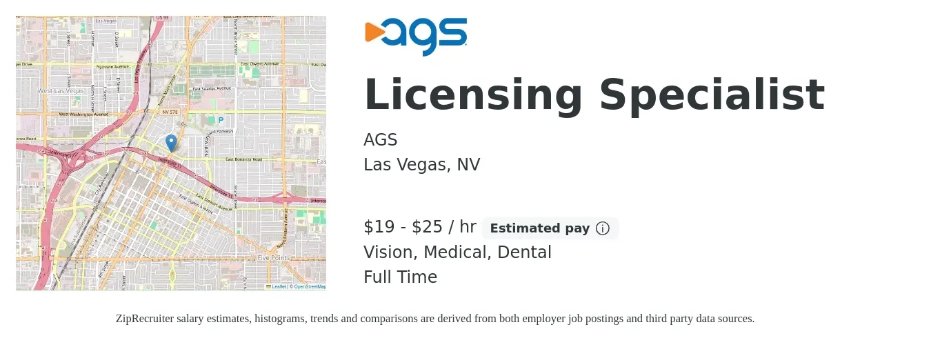 AGS job posting for a Licensing Specialist in Las Vegas, NV with a salary of $20 to $26 Hourly and benefits including vision, dental, life_insurance, medical, and retirement with a map of Las Vegas location.