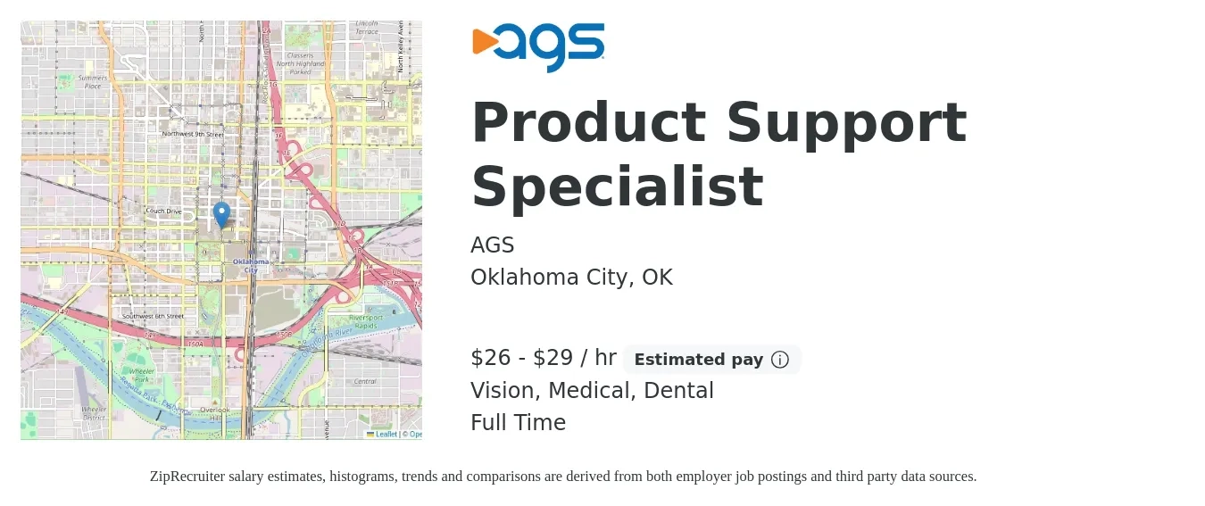 AGS job posting for a Product Support Specialist in Oklahoma City, OK with a salary of $28 to $31 Hourly and benefits including retirement, vision, dental, life_insurance, medical, and pto with a map of Oklahoma City location.